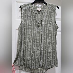 Clothes~St John's Bay Sleeveless Tunic Top~Green, Tribal, Boho, V-neck~XL XLarge